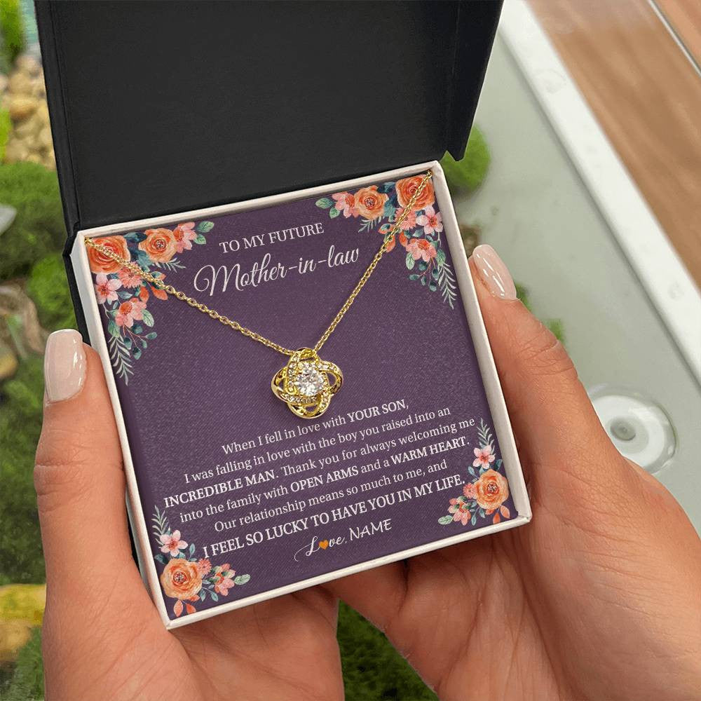 Love Knot Necklace 18K Yellow Gold Finish | 2 | Personalized To My Future Mother In Law Necklace Thank You Mother Of The Groom Boyfriend's Mom Wedding Day Birthday Christmas Jewelry Gift Box Message Card | siriusteestore