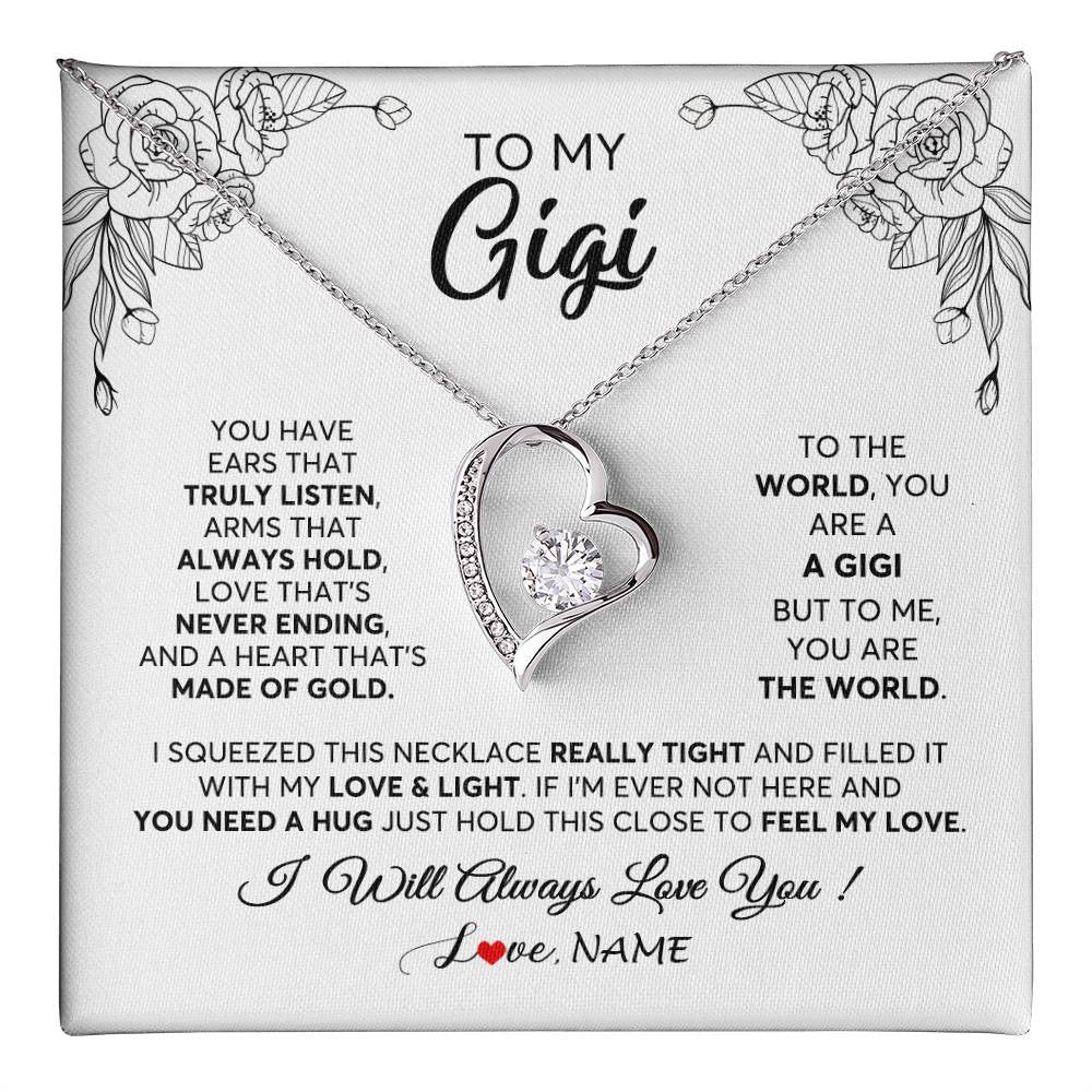 Forever Love Necklace 14K White Gold Finish | 1 | Personalized To My Gigi Necklace From Grandkids Granddaughter Hold This Close Feel My Love Gigi Birthday Mothers Day Christmas Customized Gift Box Message Card | siriusteestore
