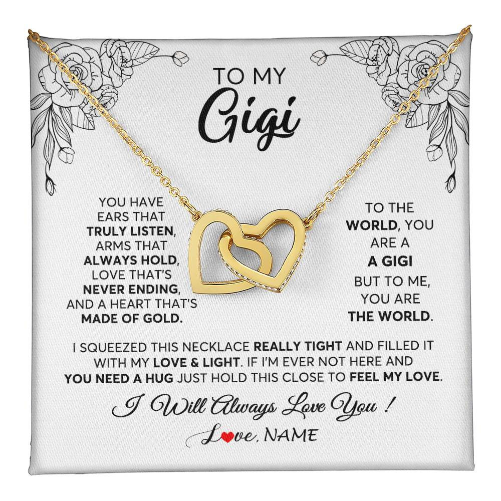 Interlocking Hearts Necklace 18K Yellow Gold Finish | 1 | Personalized To My Gigi Necklace From Grandkids Granddaughter Hold This Close Feel My Love Gigi Birthday Mothers Day Christmas Customized Gift Box Message Card | siriusteestore