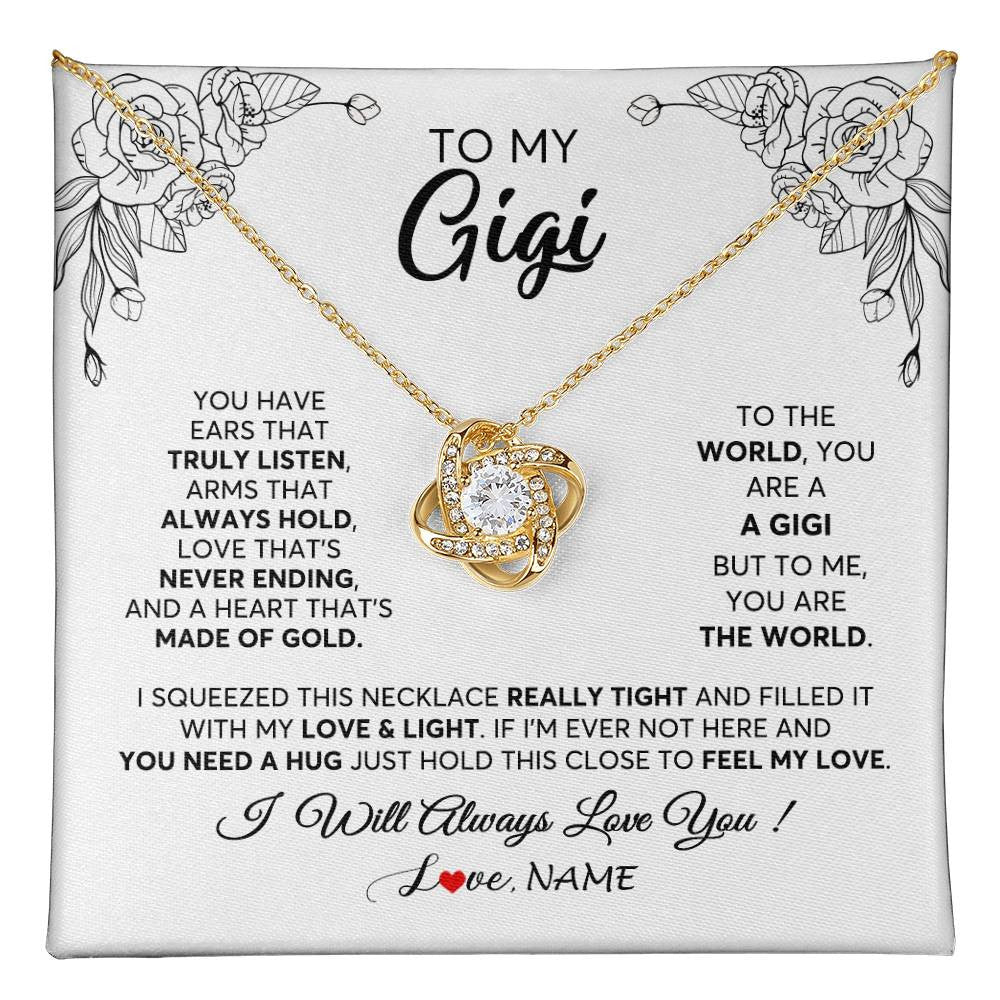 Love Knot Necklace 18K Yellow Gold Finish | 1 | Personalized To My Gigi Necklace From Grandkids Granddaughter Hold This Close Feel My Love Gigi Birthday Mothers Day Christmas Customized Gift Box Message Card | siriusteestore