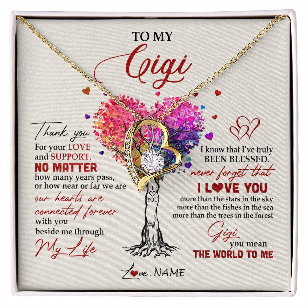 Forever Love Necklace 18K Yellow Gold Finish | 1 | Personalized To My Gigi Necklace From Grandkids Never Forget That I Love You You Mean The World Gigi Birthday Mothers Day Christmas Customized Gift Box Message Card | siriusteestore