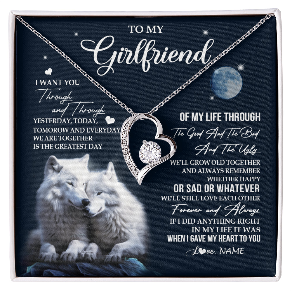 Forever Love Necklace 14K White Gold Finish | 1 | Personalized To My Girlfriend Necklace From Boyfriend I Want You Wolf Girlfriend Birthday Anniversary Valentines Christmas Customized Gift Box Message Card | siriusteestore