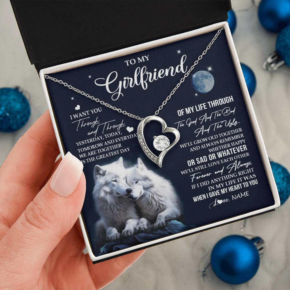 Forever Love Necklace 14K White Gold Finish | 2 | Personalized To My Girlfriend Necklace From Boyfriend I Want You Wolf Girlfriend Birthday Anniversary Valentines Christmas Customized Gift Box Message Card | siriusteestore