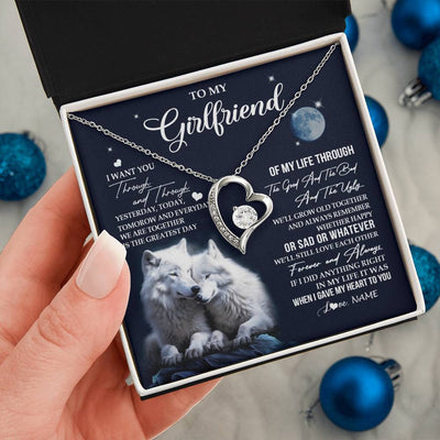 Forever Love Necklace 14K White Gold Finish | 2 | Personalized To My Girlfriend Necklace From Boyfriend I Want You Wolf Girlfriend Birthday Anniversary Valentines Christmas Customized Gift Box Message Card | siriusteestore