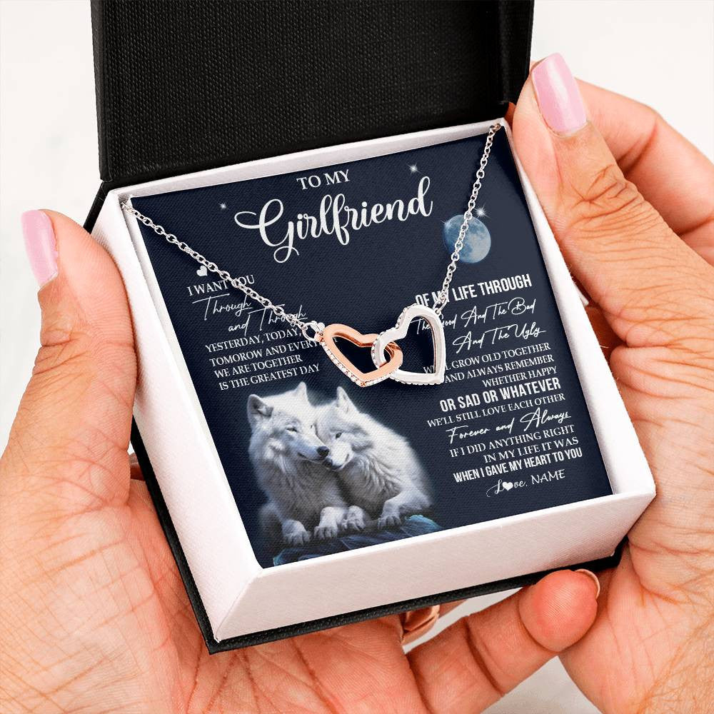 Interlocking Hearts Necklace Stainless Steel & Rose Gold Finish | 2 | Personalized To My Girlfriend Necklace From Boyfriend I Want You Wolf Girlfriend Birthday Anniversary Valentines Christmas Customized Gift Box Message Card | siriusteestore