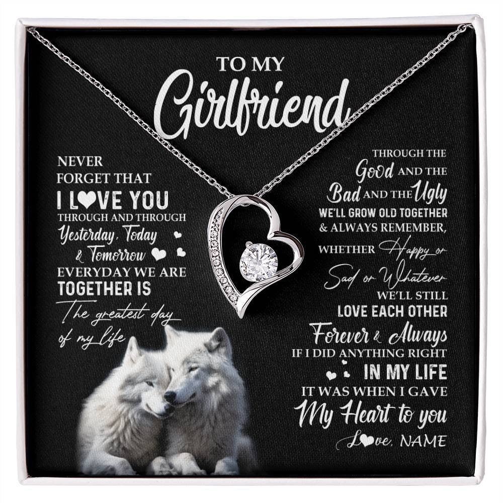 Forever Love Necklace 14K White Gold Finish | 1 | Personalized To My Girlfriend Necklace From Boyfriend Wolf Never Forget That I Love You Girlfriend Birthday Christmas Customized Gift Box Message Card | siriusteestore