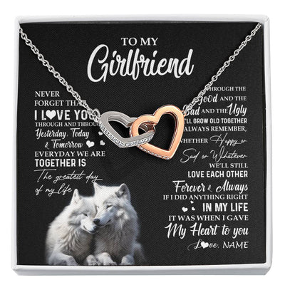 Interlocking Hearts Necklace Stainless Steel & Rose Gold Finish | 1 | Personalized To My Girlfriend Necklace From Boyfriend Wolf Never Forget That I Love You Girlfriend Birthday Christmas Customized Gift Box Message Card | siriusteestore