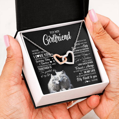 Interlocking Hearts Necklace Stainless Steel & Rose Gold Finish | 2 | Personalized To My Girlfriend Necklace From Boyfriend Wolf Never Forget That I Love You Girlfriend Birthday Christmas Customized Gift Box Message Card | siriusteestore