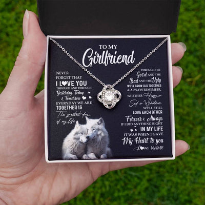 Love Knot Necklace 14K White Gold Finish | 2 | Personalized To My Girlfriend Necklace From Boyfriend Wolf Never Forget That I Love You Girlfriend Birthday Christmas Customized Gift Box Message Card | siriusteestore