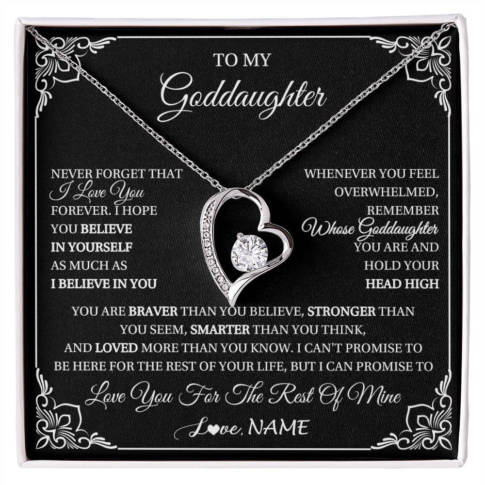 Forever Love Necklace 14K White Gold Finish | 1 | Personalized To My Goddaughter Gift From Godmother Uncle Necklace I Love You Believe In You Goddaughter Birthday Christmas Customized Gift Box Message Card | siriusteestore