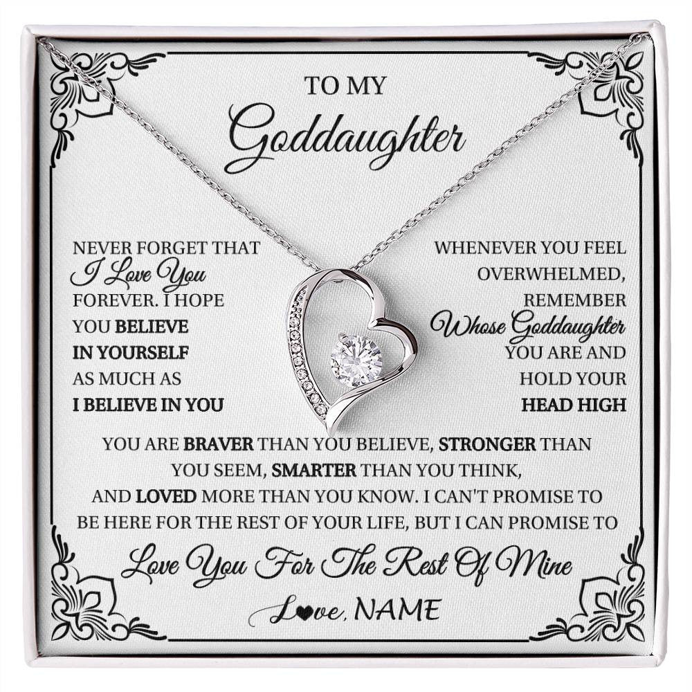 Forever Love Necklace 14K White Gold Finish | 1 | Personalized To My Goddaughter Gift Necklace From Godmother Uncle I Love You Believe In You Goddaughter Birthday Christmas Customized Gift Box Message Card | siriusteestore