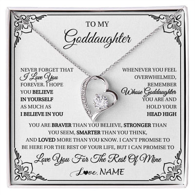 Forever Love Necklace 14K White Gold Finish | 1 | Personalized To My Goddaughter Gift Necklace From Godmother Uncle I Love You Believe In You Goddaughter Birthday Christmas Customized Gift Box Message Card | siriusteestore