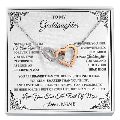 Interlocking Hearts Necklace Stainless Steel & Rose Gold Finish | 1 | Personalized To My Goddaughter Gift Necklace From Godmother Uncle I Love You Believe In You Goddaughter Birthday Christmas Customized Gift Box Message Card | siriusteestore