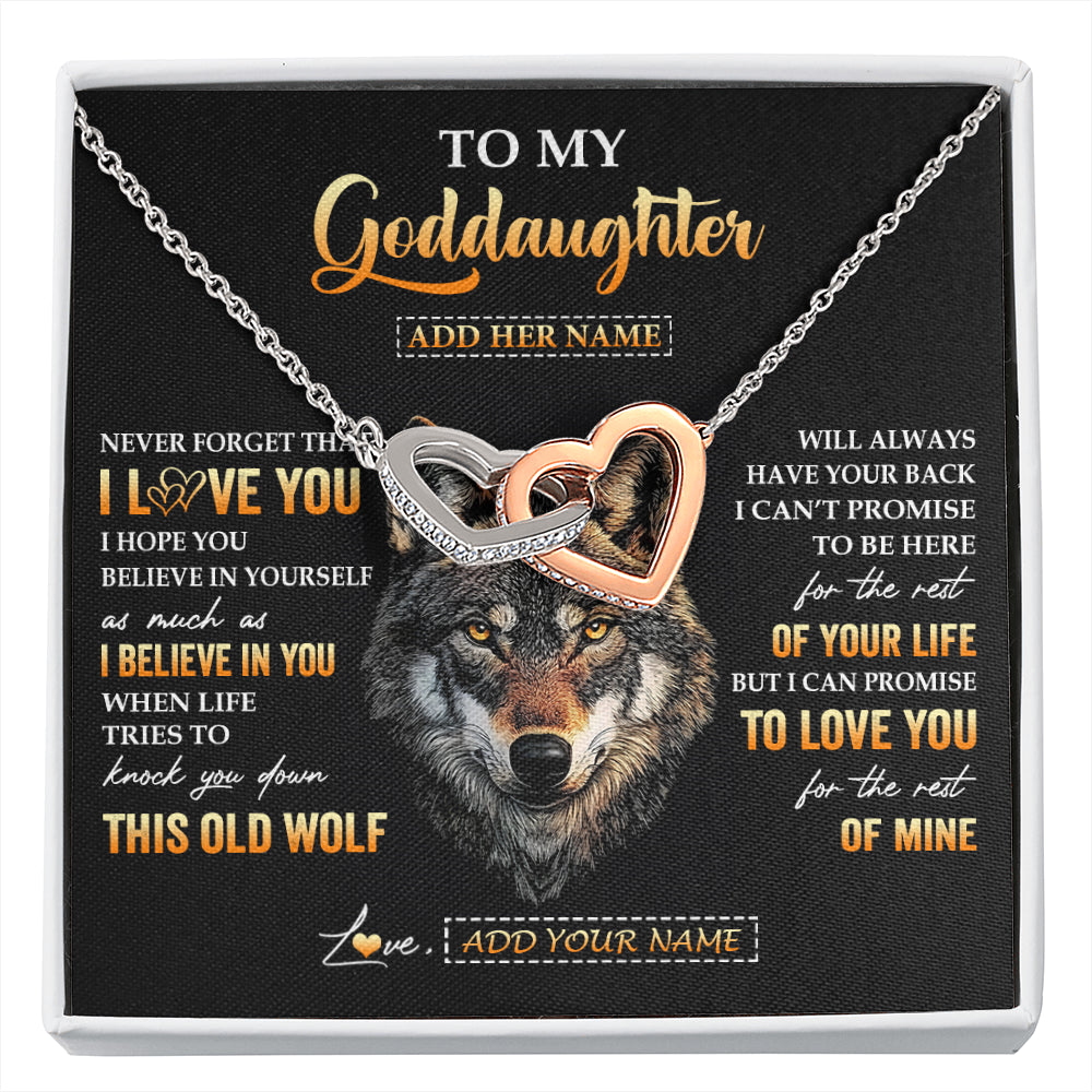 Interlocking Hearts Necklace Stainless Steel & Rose Gold Finish | 1 | Personalized To My Goddaughter Gifts From Godfather Godmother Necklace Old Wolf Love You Goddaughter Birthday Gifts Graduation Christmas Gift Box Message Card | siriusteestore