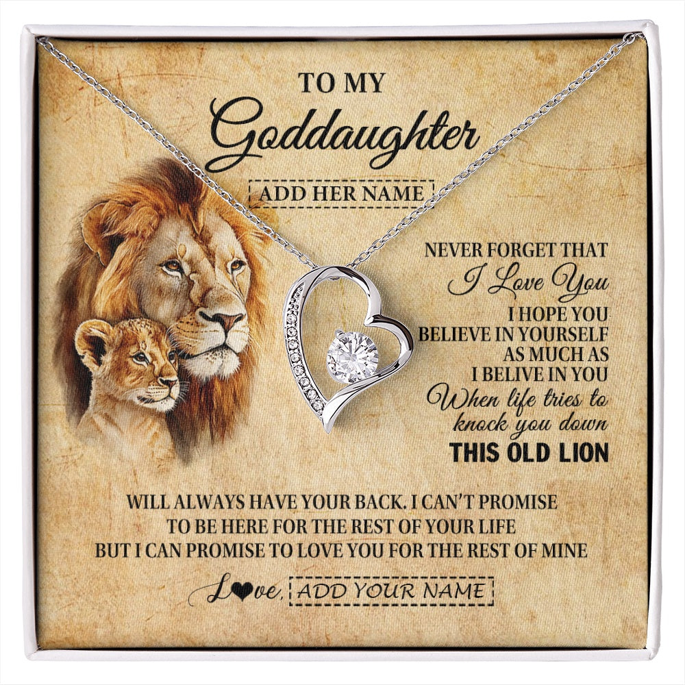 Forever Love Necklace 14K White Gold Finish | 1 | Personalized To My Goddaughter Gifts From Godfather Lion Necklace I Love You Goddaughter Birthday Gifts Graduation Christmas Custom Gift Box Message Card | siriusteestore.myshopify