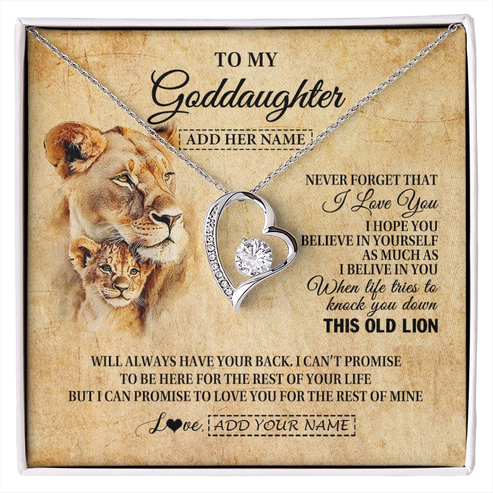 Forever Love Necklace 14K White Gold Finish | 1 | Personalized To My Goddaughter Gifts From Godmother Lion Necklace I Love You Goddaughter Birthday Gifts Graduation Christmas Custom Gift Box Message Card | siriusteestore.myshopify