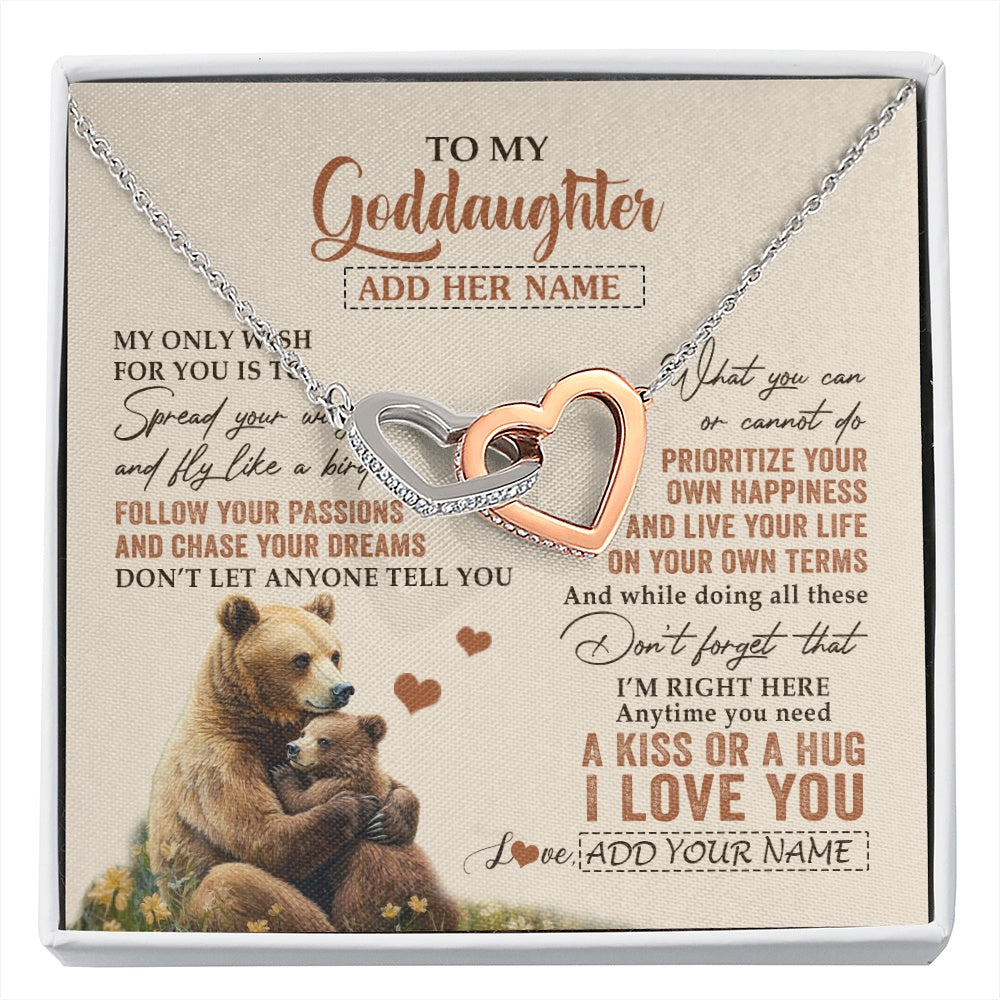 Interlocking Hearts Necklace Stainless Steel & Rose Gold Finish | 1 | Personalized To My Goddaughter Gifts Necklace From Godmother Bear My Only Wish For You Goddaughter Birthday Gifts Graduation Christmas Gift Box Message Card | siriusteestore.myshopify