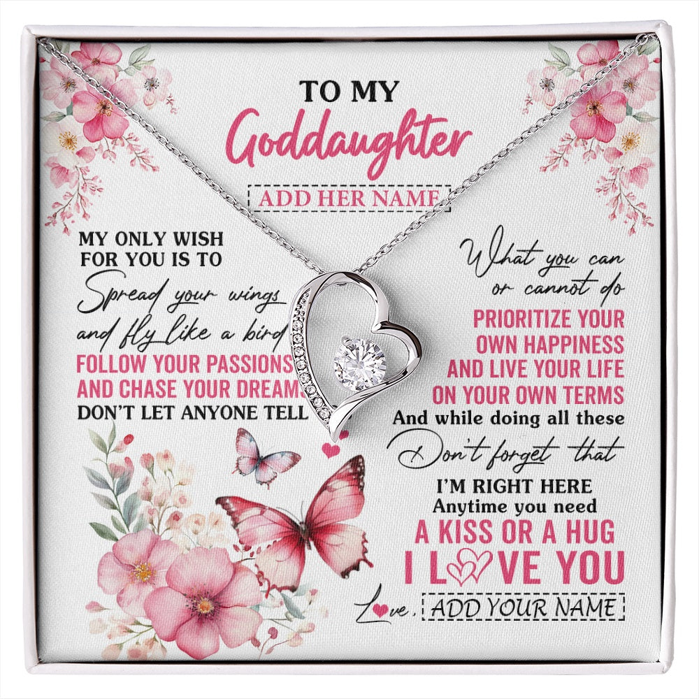 Forever Love Necklace 14K White Gold Finish | 1 | Personalized To My Goddaughter Gifts Necklace From Godmother Butterfly My Only Wish For You Goddaughter Birthday Gifts Christmas Gift Box Message Card | siriusteestore.myshopify
