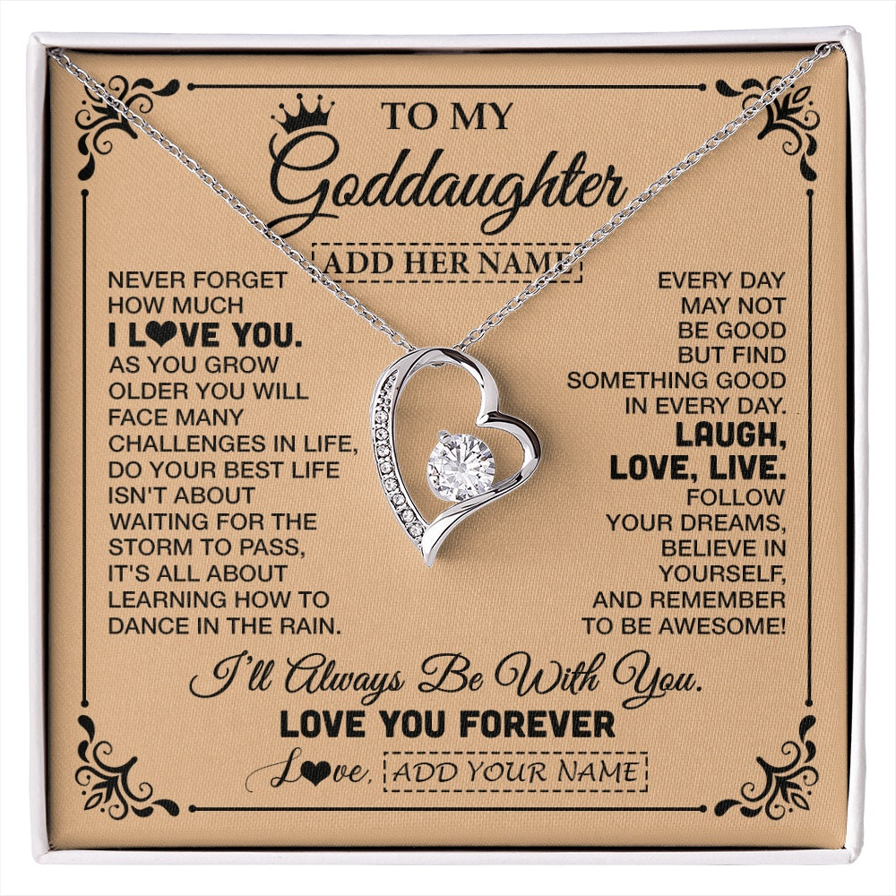Forever Love Necklace 14K White Gold Finish | 1 | Personalized To My Goddaughter Gifts Necklace From Godmother Never Forget How Much I Love You Goddaughter Birthday Gifts Christmas Gift Box Message Card | https://siriusteestore.