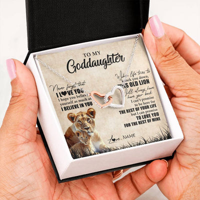 Interlocking Hearts Necklace Stainless Steel & Rose Gold Finish | Personalized To My Goddaughter Gifts Necklace From Godmother Old Lion Goddaughter Jewelry Birthday Gifts Graduation Christmas Customized Gift Box Message Card | siriusteestore