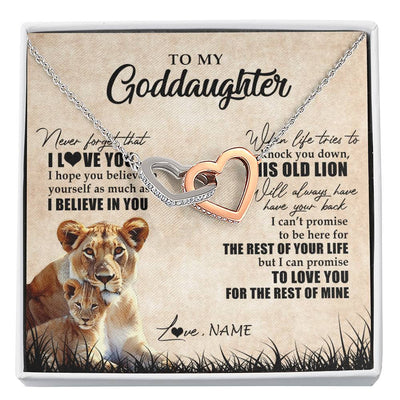 Interlocking Hearts Necklace Stainless Steel & Rose Gold Finish | Personalized To My Goddaughter Gifts Necklace From Godmother Old Lion Goddaughter Jewelry Birthday Gifts Graduation Christmas Customized Gift Box Message Card | siriusteestore