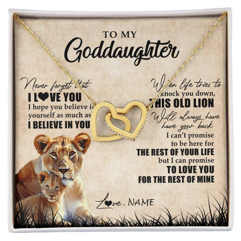 Interlocking Hearts Necklace 18K Yellow Gold Finish | Personalized To My Goddaughter Gifts Necklace From Godmother Old Lion Goddaughter Jewelry Birthday Gifts Graduation Christmas Customized Gift Box Message Card | siriusteestore