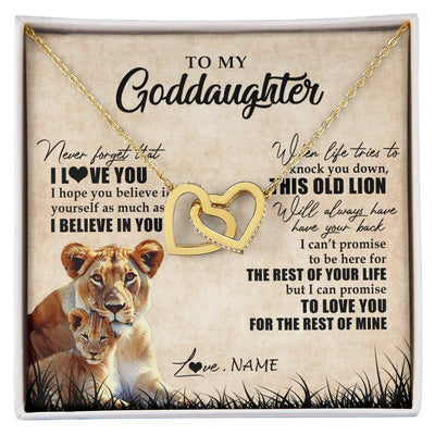 Interlocking Hearts Necklace 18K Yellow Gold Finish | Personalized To My Goddaughter Gifts Necklace From Godmother Old Lion Goddaughter Jewelry Birthday Gifts Graduation Christmas Customized Gift Box Message Card | siriusteestore