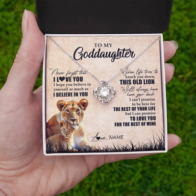 Love Knot Necklace 14K White Gold Finish | Personalized To My Goddaughter Gifts Necklace From Godmother Old Lion Goddaughter Jewelry Birthday Gifts Graduation Christmas Customized Gift Box Message Card | siriusteestore