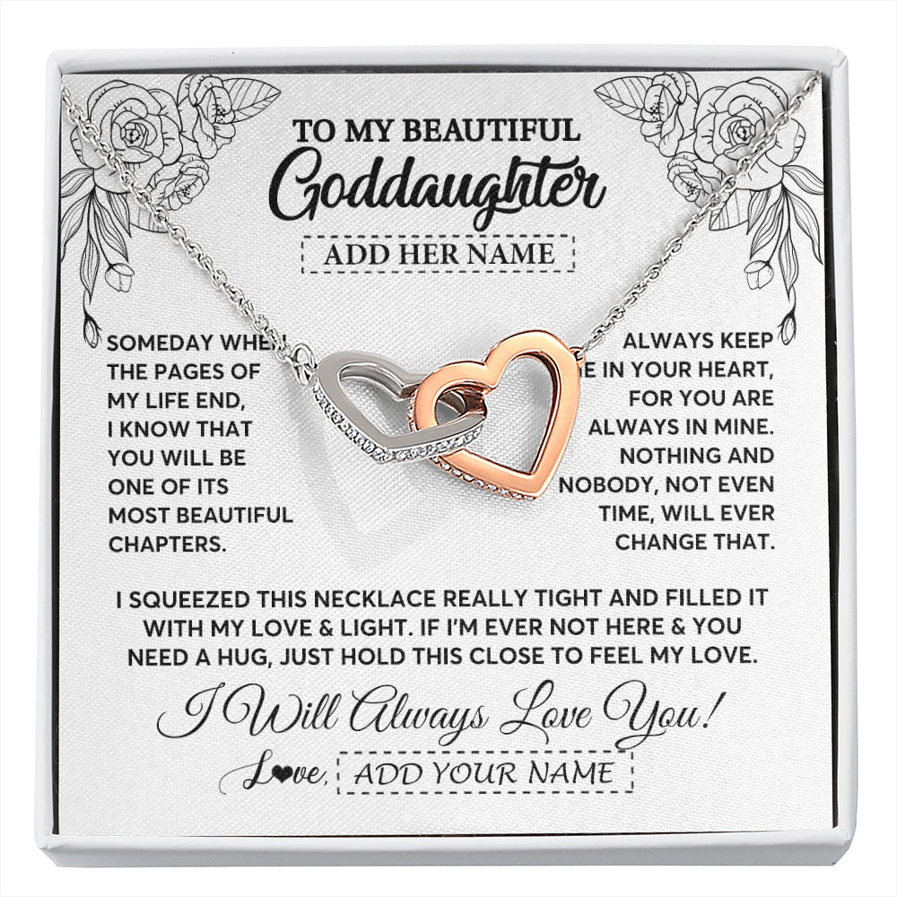 Interlocking Hearts Necklace Stainless Steel & Rose Gold Finish | 1 | Personalized To My Goddaughter Gifts Necklace From Godmother Someday When The Pages Birthday Goddaughter Christmas Graduation Jewelry Gift Box Message Card | https://siriusteestore.