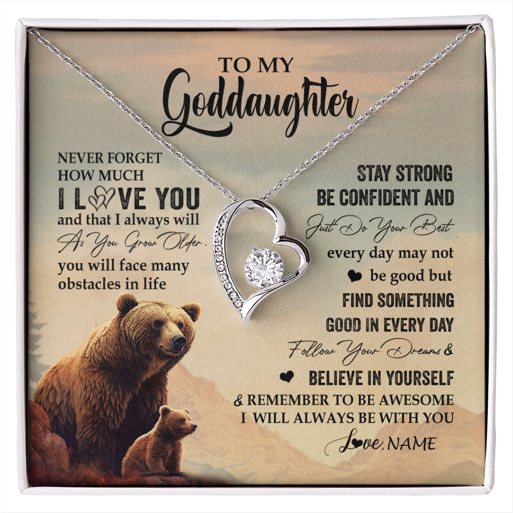 Forever Love Necklace 14K White Gold Finish | 1 | Personalized To My Goddaughter I Love You Forever Necklace From Aunt Uncle Bear Goddaughter Birthday Graduation Christmas Customized Gift Box Message Card | siriusteestore