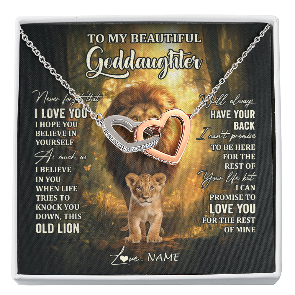 Interlocking Hearts Necklace Stainless Steel & Rose Gold Finish | 1 | Personalized To My Goddaughter Lion Necklace From Godfather Never Forget That I Love You Niece Birthday Graduation Christmas Customized Gift Box Message Card | siriusteestore