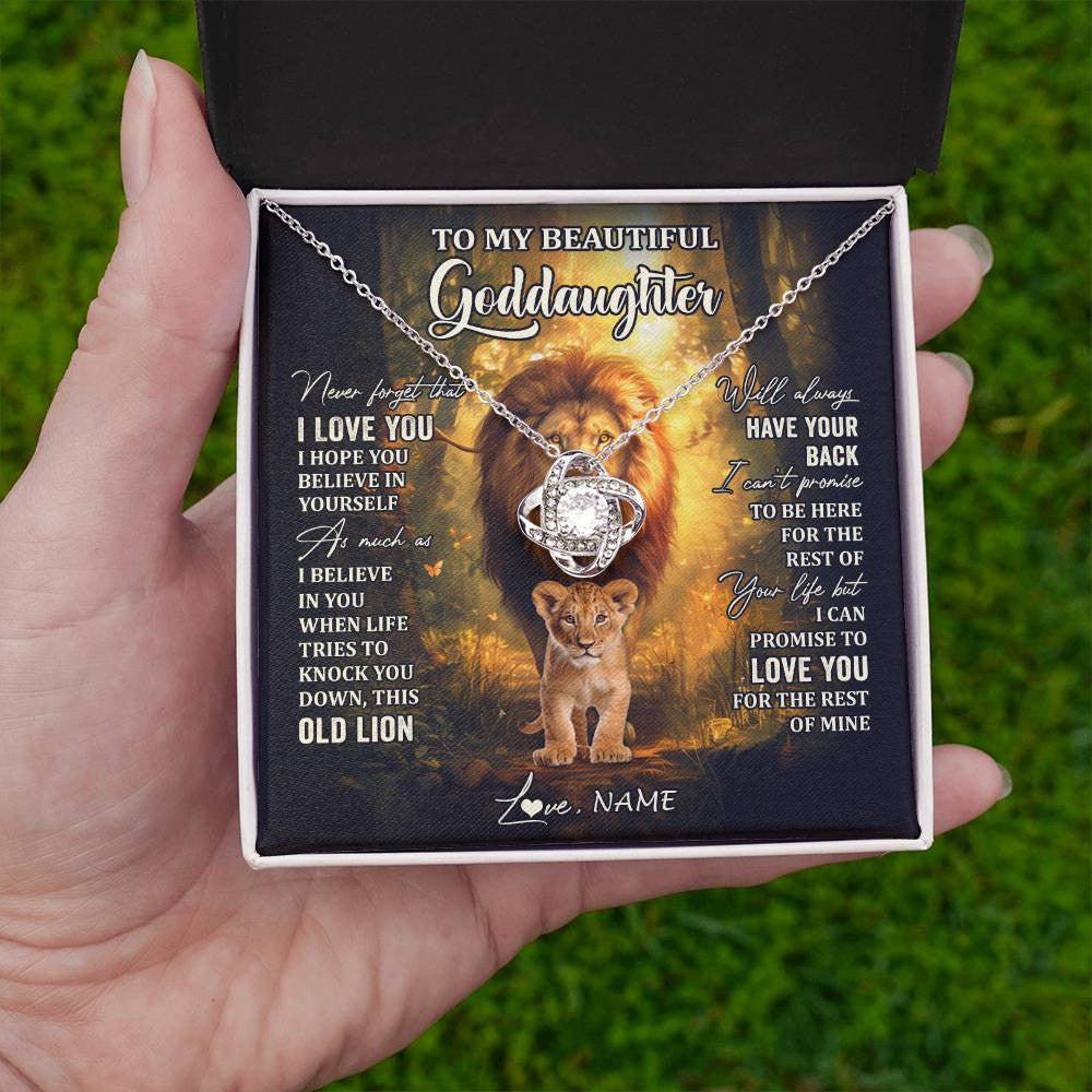 Love Knot Necklace 14K White Gold Finish | 2 | Personalized To My Goddaughter Lion Necklace From Godfather Never Forget That I Love You Niece Birthday Graduation Christmas Customized Gift Box Message Card | siriusteestore