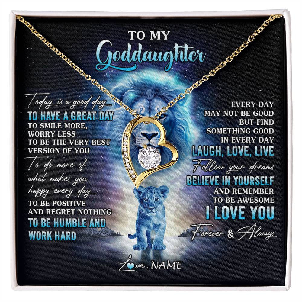 Forever Love Necklace 18K Yellow Gold Finish | 1 | Personalized To My Goddaughter Lion Necklace From Godfather Uncle Every Day Laugh Love Live Goddaughter Birthday Christmas Customized Gift Box Message Card | siriusteestore