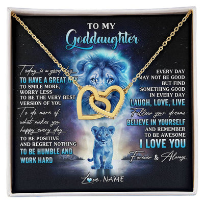 Interlocking Hearts Necklace 18K Yellow Gold Finish | 1 | Personalized To My Goddaughter Lion Necklace From Godfather Uncle Every Day Laugh Love Live Goddaughter Birthday Christmas Customized Gift Box Message Card | siriusteestore
