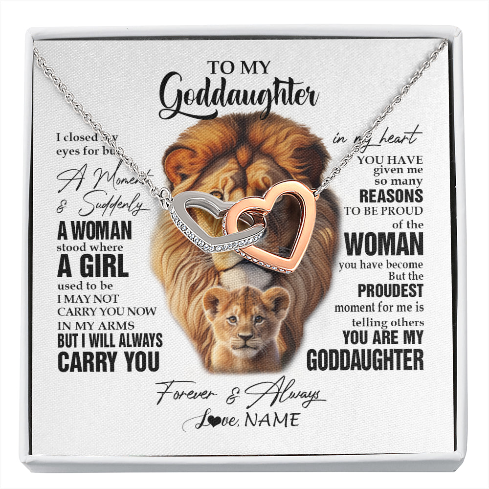 Interlocking Hearts Necklace Stainless Steel & Rose Gold Finish | 1 | Personalized To My Goddaughter Lion Necklace From Godfather Uncle I Closed My Eyes Great Goddaughter Birthday Gifts Christmas Customized Gift Box Message Card | siriusteestore