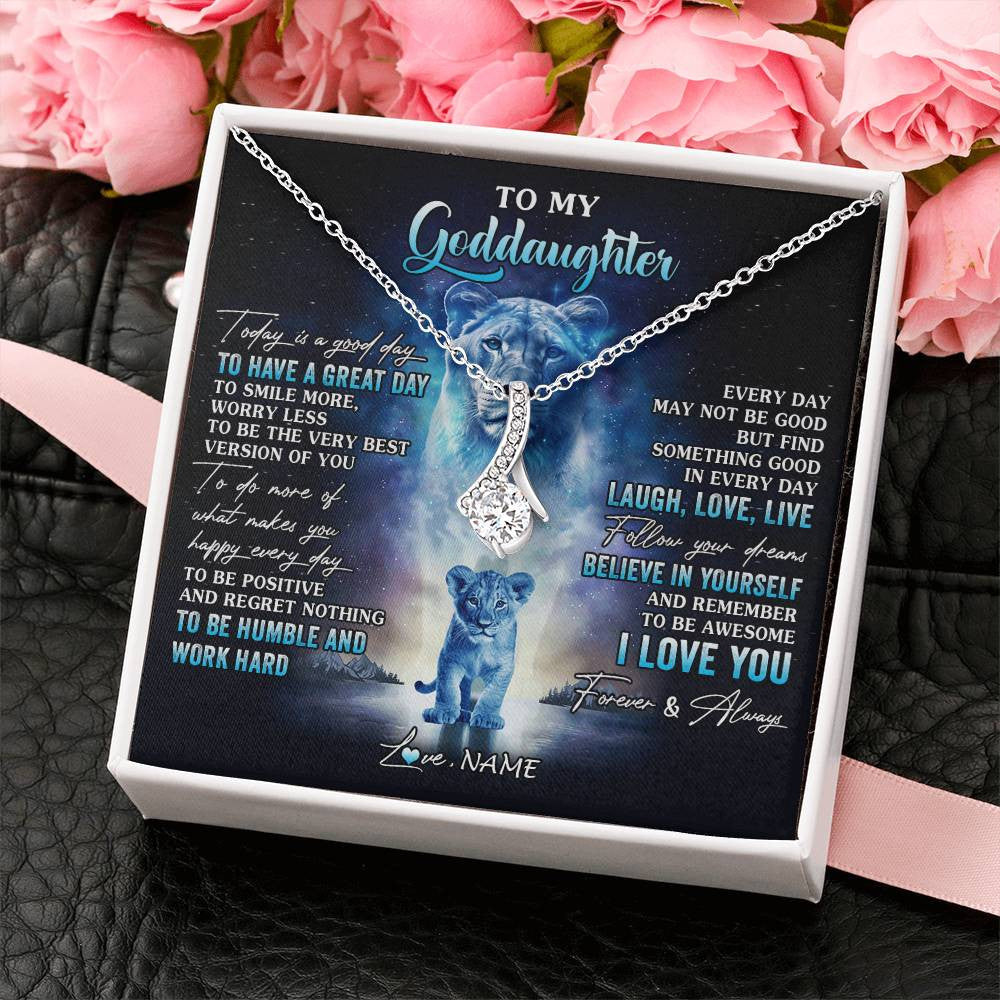 Alluring Beauty Necklace 14K White Gold Finish | 2 | Personalized To My Goddaughter Lion Necklace From Godmother Aunt Every Day Laugh Love Live Goddaughter Birthday Christmas Customized Gift Box Message Card | siriusteestore