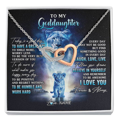 Interlocking Hearts Necklace Stainless Steel & Rose Gold Finish | 1 | Personalized To My Goddaughter Lion Necklace From Godmother Aunt Every Day Laugh Love Live Goddaughter Birthday Christmas Customized Gift Box Message Card | siriusteestore