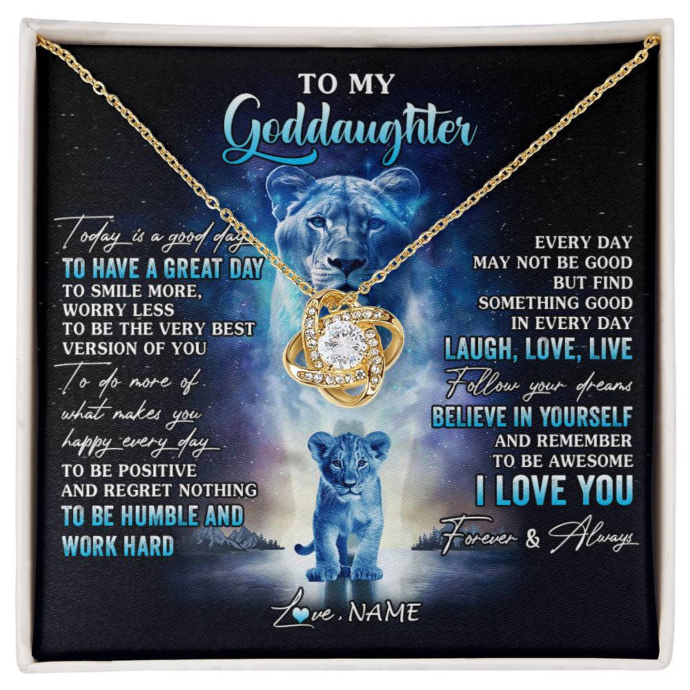 Love Knot Necklace 18K Yellow Gold Finish | 1 | Personalized To My Goddaughter Lion Necklace From Godmother Aunt Every Day Laugh Love Live Goddaughter Birthday Christmas Customized Gift Box Message Card | siriusteestore