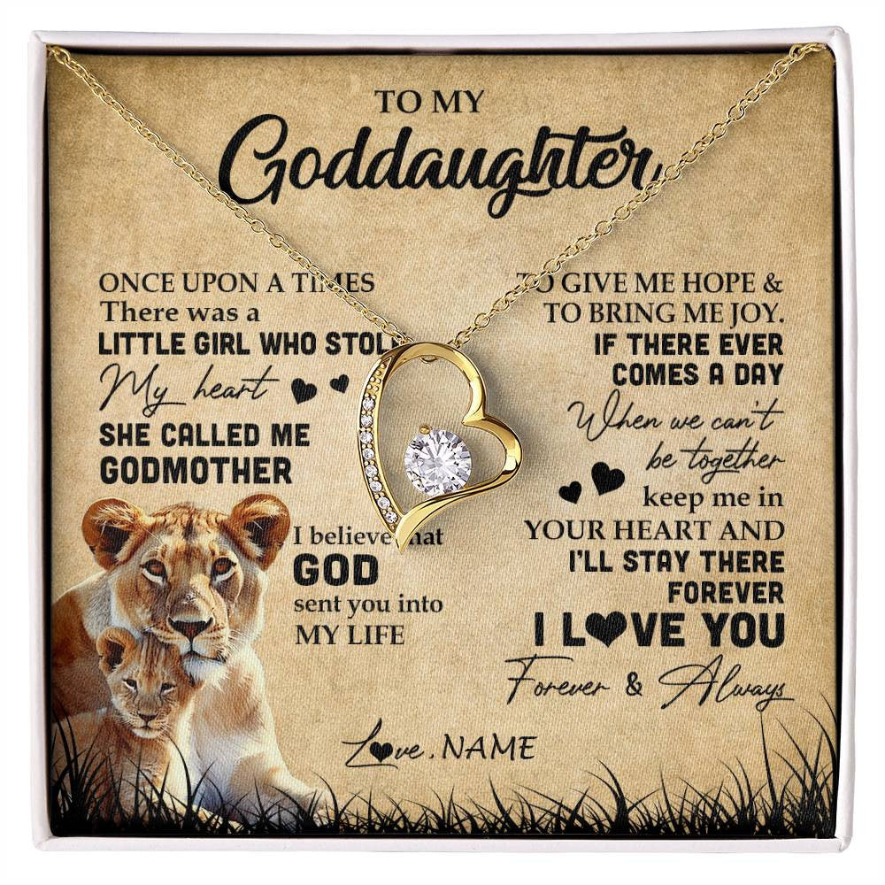 Forever Love Necklace 18K Yellow Gold Finish | Personalized To My Goddaughter Lion Necklace From Godmother I'll Stay There Forever Goddaughter Birthday Graduation Christmas Customized Gift Box Message Card | siriusteestore