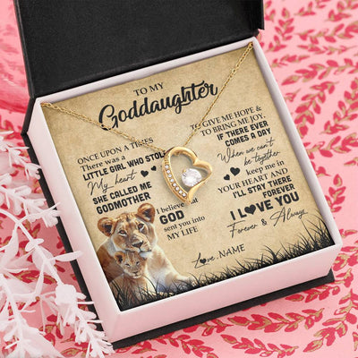 Forever Love Necklace 18K Yellow Gold Finish | Personalized To My Goddaughter Lion Necklace From Godmother I'll Stay There Forever Goddaughter Birthday Graduation Christmas Customized Gift Box Message Card | siriusteestore