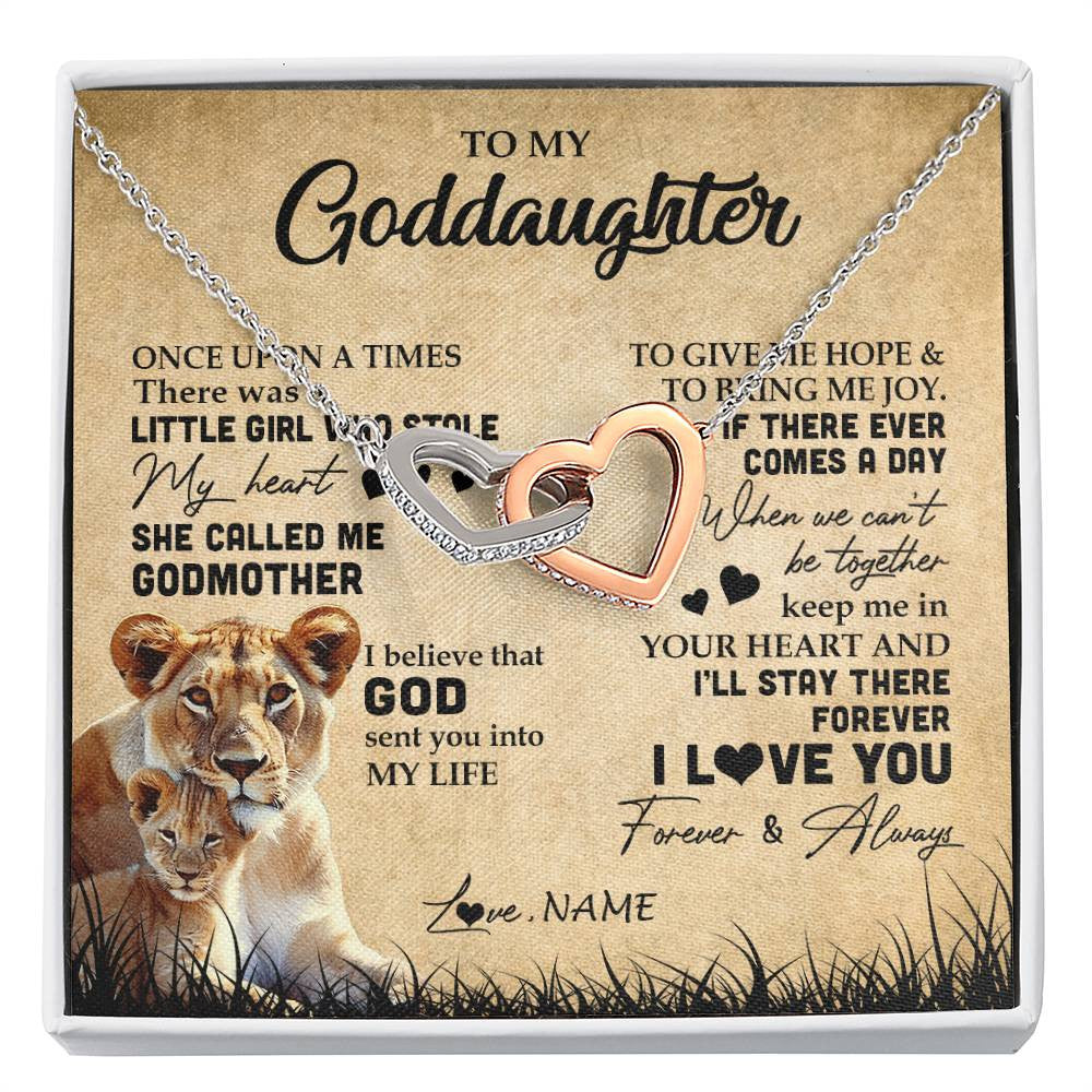 Interlocking Hearts Necklace | Personalized To My Goddaughter Lion Necklace From Godmother I'll Stay There Forever Goddaughter Birthday Graduation Christmas Customized Gift Box Message Card | siriusteestore