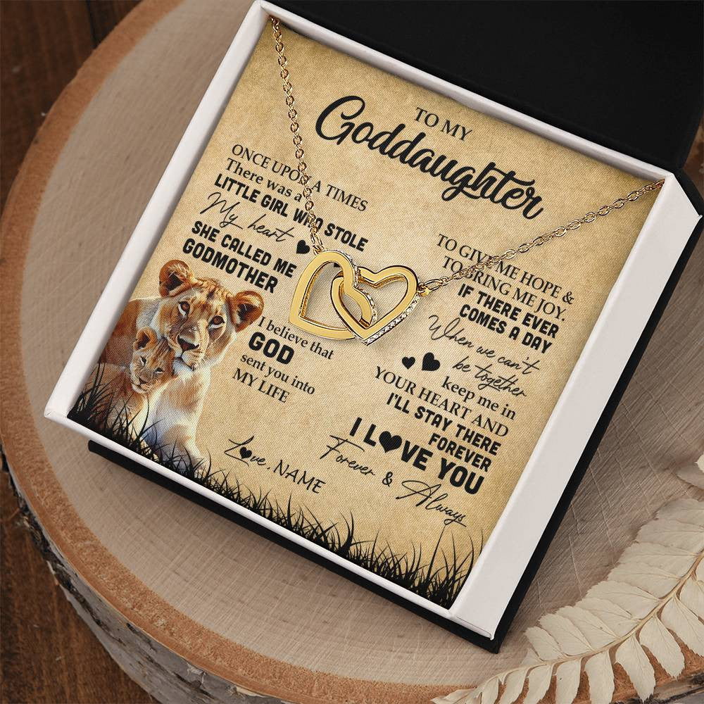 Interlocking Hearts Necklace 18K Yellow Gold Finish | Personalized To My Goddaughter Lion Necklace From Godmother I'll Stay There Forever Goddaughter Birthday Graduation Christmas Customized Gift Box Message Card | siriusteestore
