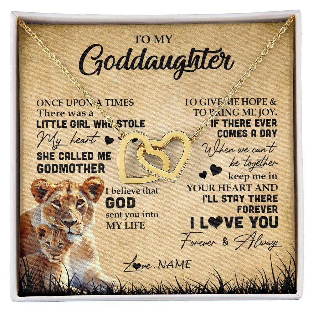 Interlocking Hearts Necklace 18K Yellow Gold Finish | Personalized To My Goddaughter Lion Necklace From Godmother I'll Stay There Forever Goddaughter Birthday Graduation Christmas Customized Gift Box Message Card | siriusteestore
