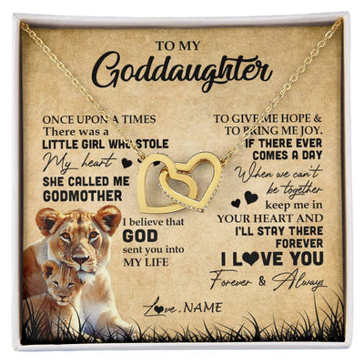Interlocking Hearts Necklace 18K Yellow Gold Finish | Personalized To My Goddaughter Lion Necklace From Godmother I'll Stay There Forever Goddaughter Birthday Graduation Christmas Customized Gift Box Message Card | siriusteestore