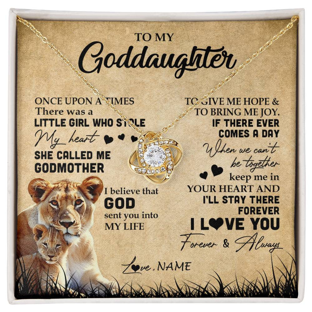 Love Knot Necklace 18K Yellow Gold Finish | Personalized To My Goddaughter Lion Necklace From Godmother I'll Stay There Forever Goddaughter Birthday Graduation Christmas Customized Gift Box Message Card | siriusteestore