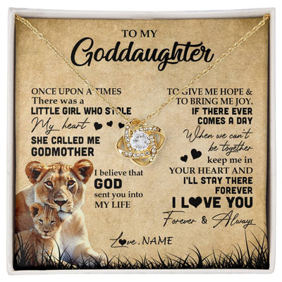 Love Knot Necklace 18K Yellow Gold Finish | Personalized To My Goddaughter Lion Necklace From Godmother I'll Stay There Forever Goddaughter Birthday Graduation Christmas Customized Gift Box Message Card | siriusteestore