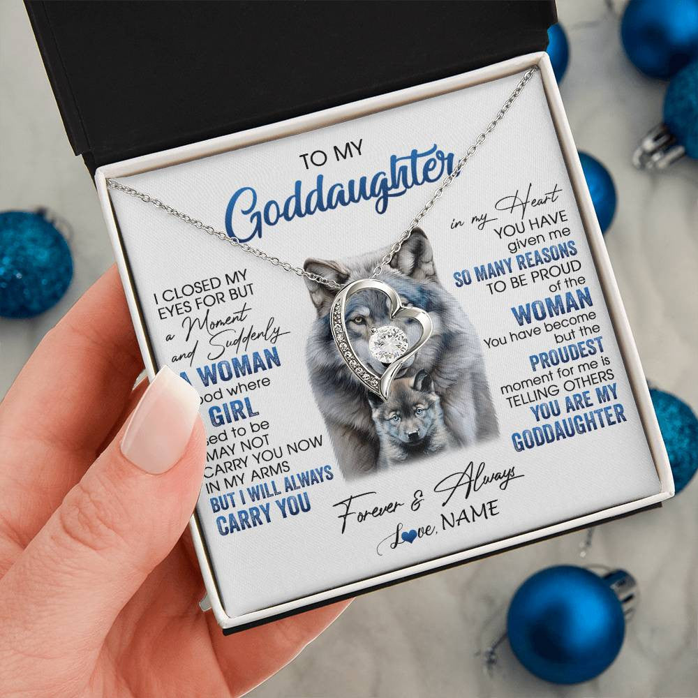 Forever Love Necklace 14K White Gold Finish | 2 | Personalized To My Goddaughter Necklace From Aunt I Close My Eyes For But A Moment Wolf Goddaughter Birthday Gifts Christmas Customized Gift Box Message Card | siriusteestore