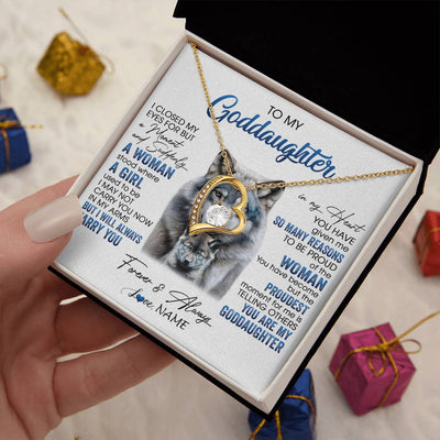 Forever Love Necklace 18K Yellow Gold Finish | 2 | Personalized To My Goddaughter Necklace From Aunt I Close My Eyes For But A Moment Wolf Goddaughter Birthday Gifts Christmas Customized Gift Box Message Card | siriusteestore