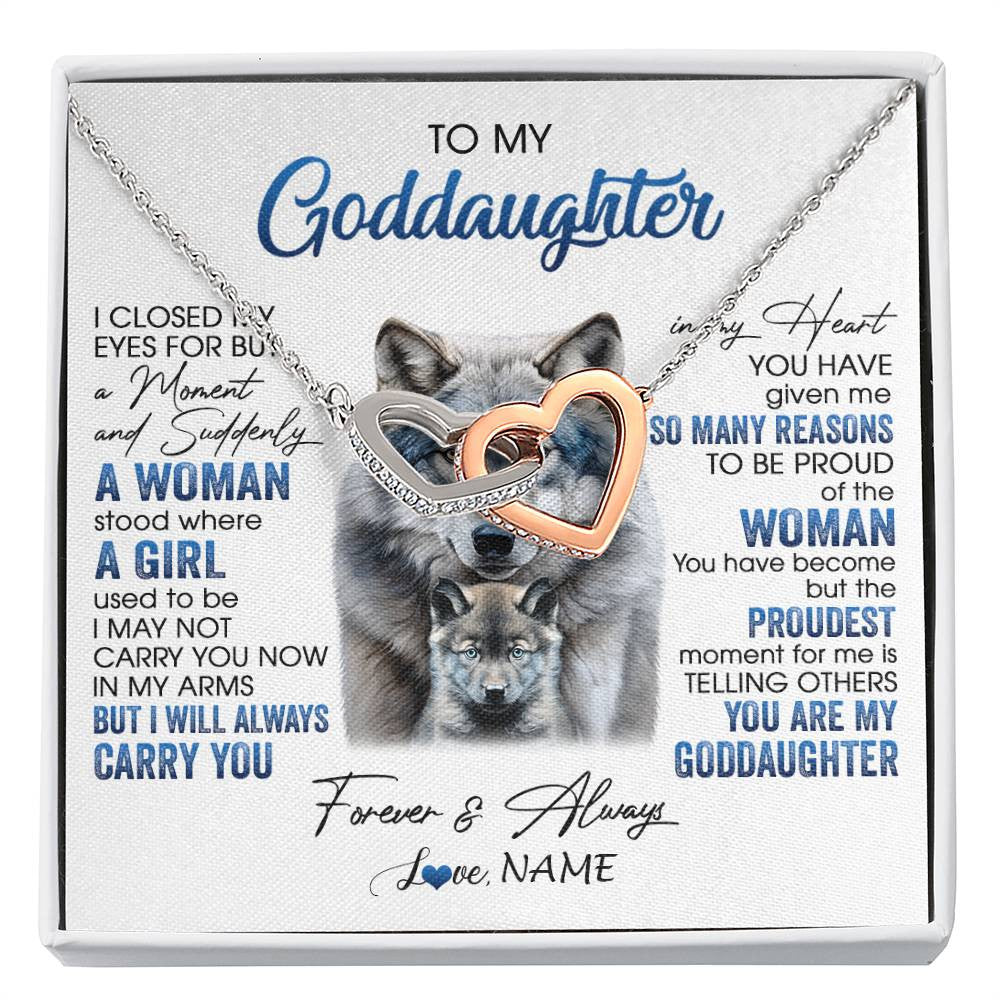 Interlocking Hearts Necklace Stainless Steel & Rose Gold Finish | 1 | Personalized To My Goddaughter Necklace From Aunt I Close My Eyes For But A Moment Wolf Goddaughter Birthday Gifts Christmas Customized Gift Box Message Card | siriusteestore
