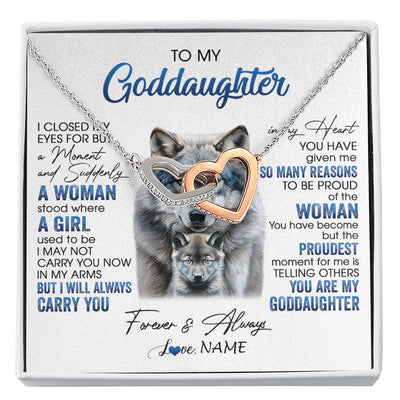 Interlocking Hearts Necklace Stainless Steel & Rose Gold Finish | 1 | Personalized To My Goddaughter Necklace From Aunt I Close My Eyes For But A Moment Wolf Goddaughter Birthday Gifts Christmas Customized Gift Box Message Card | siriusteestore